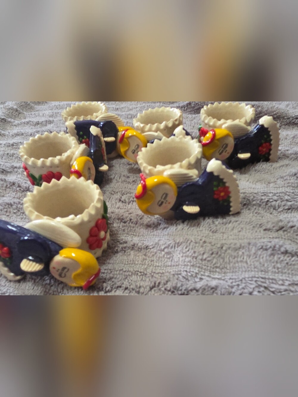 Unique Vintage Hand Painted Detailed Claydoh Napkin Rings Set Of 6